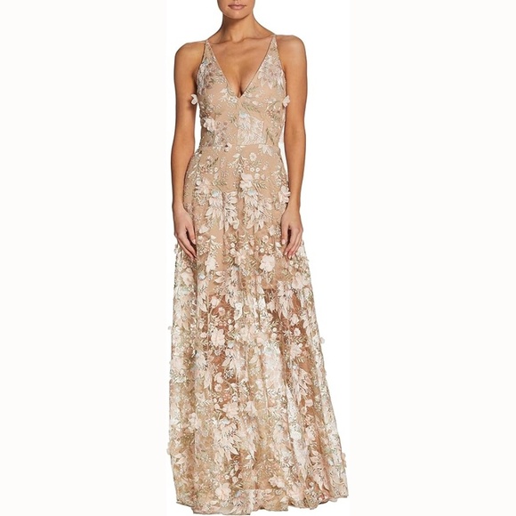 Dress The Population | Sidney Deep V-Neck 3D Floral Lace Gown - Picture 1 of 14